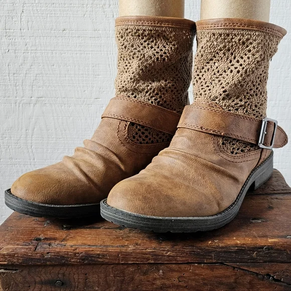 Slouchy moto boot - leather & crochet, Cognac, Women's size 9. - Picture 1 of 10